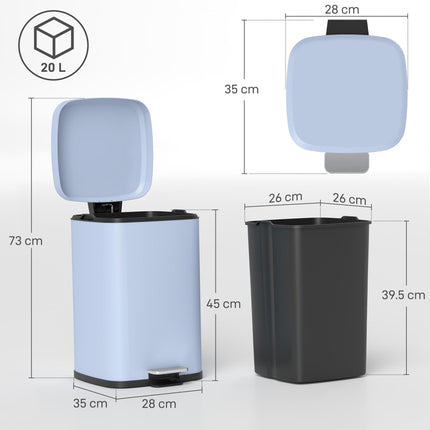 20L Modern Boxy Metal Kitchen Bin with Foot Pedal and Soft-Close Lid - Light Blue