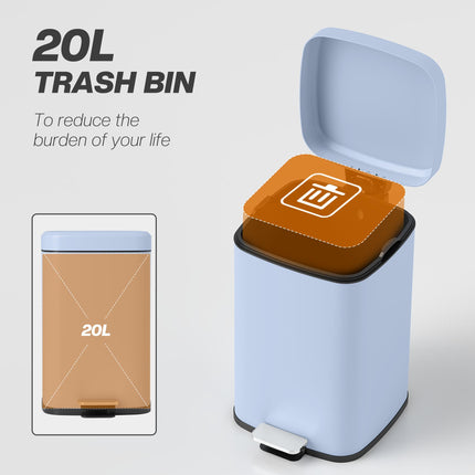 20L Modern Boxy Metal Kitchen Bin with Foot Pedal and Soft-Close Lid - Light Blue