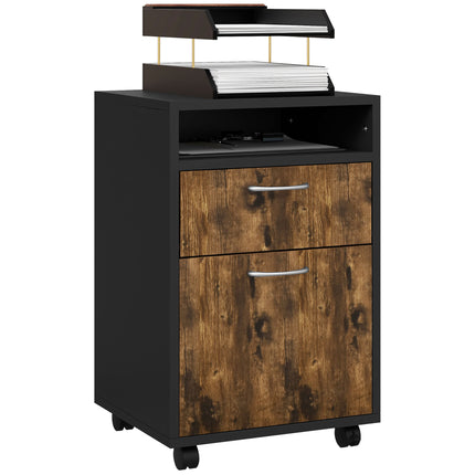 60cm Mobile Filing Cabinet with Drawer, Open Shelf & Metal Handles - Rustic Brown
