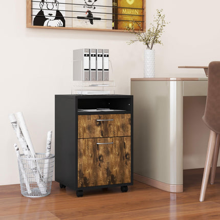 60cm Mobile Filing Cabinet with Drawer, Open Shelf & Metal Handles - Rustic Brown