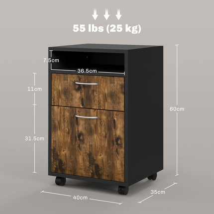 60cm Mobile Filing Cabinet with Drawer, Open Shelf & Metal Handles - Rustic Brown
