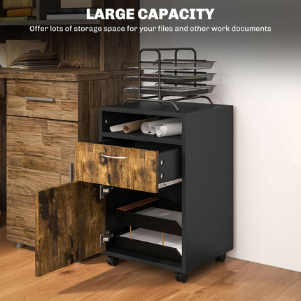 60cm Mobile Filing Cabinet with Drawer, Open Shelf & Metal Handles - Rustic Brown