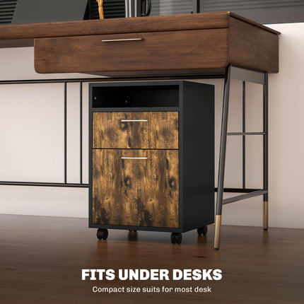 60cm Mobile Filing Cabinet with Drawer, Open Shelf & Metal Handles - Rustic Brown