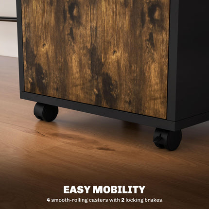 60cm Mobile Filing Cabinet with Drawer, Open Shelf & Metal Handles - Rustic Brown