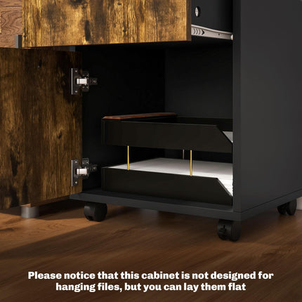 60cm Mobile Filing Cabinet with Drawer, Open Shelf & Metal Handles - Rustic Brown