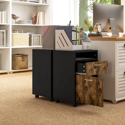 60cm Mobile Filing Cabinet with Drawer, Open Shelf & Metal Handles - Rustic Brown