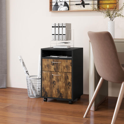60cm Mobile Filing Cabinet with Drawer, Open Shelf & Metal Handles - Rustic Brown