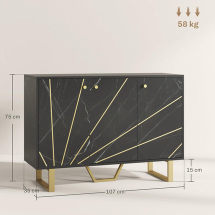 Sideboard Storage Cabinet, Modern Storage Cupboard with Adjustable Shelves and Metal Legs for Living Room, Kitchen, Dining Room, Entryway, Black Marble Tone