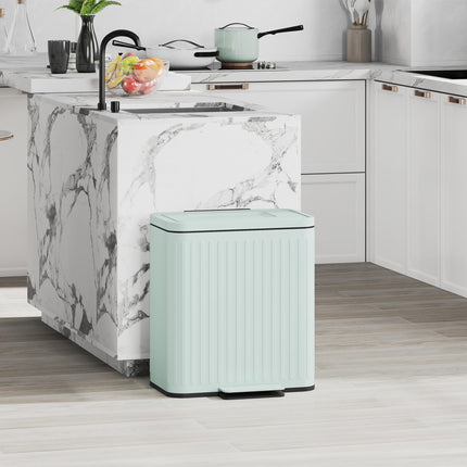 Dual Kitchen Bin 2 x 20L Recycling & Waste Pedal Bin with Soft-Close Lid & Removable Buckets - Light Green