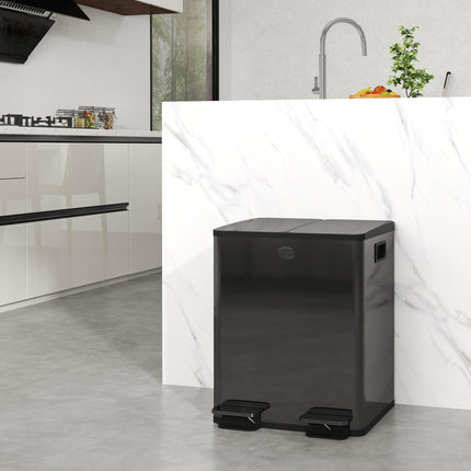 40L Dual Compartment Stainless Steel Kitchen Bin with Deodoriser Holders - Black