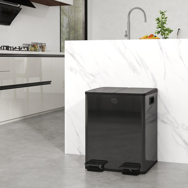 40L Dual Compartment Stainless Steel Kitchen Bin with Deodoriser Holders - Black