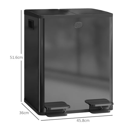 40L Dual Compartment Stainless Steel Kitchen Bin with Deodoriser Holders - Black