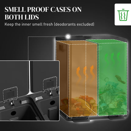 40L Dual Compartment Stainless Steel Kitchen Bin with Deodoriser Holders - Black