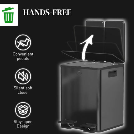 40L Dual Compartment Stainless Steel Kitchen Bin with Deodoriser Holders - Black