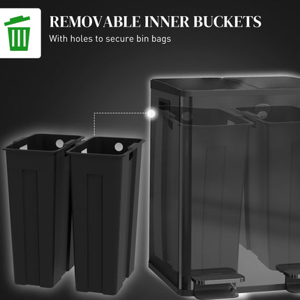 40L Dual Compartment Stainless Steel Kitchen Bin with Deodoriser Holders - Black