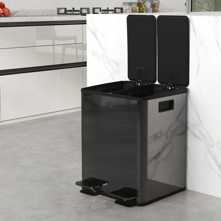 40L Dual Compartment Stainless Steel Kitchen Bin with Deodoriser Holders - Black