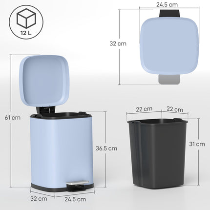 12L Modern Boxy Metal Kitchen Bin with Pedal - Light Blue