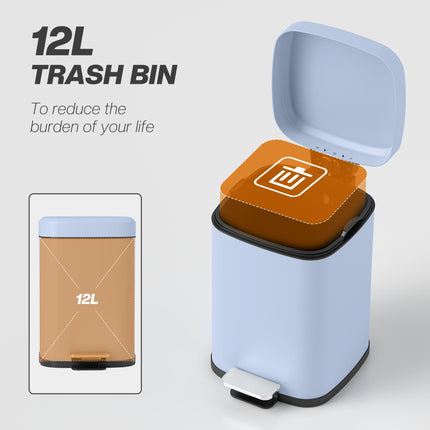 12L Modern Boxy Metal Kitchen Bin with Pedal - Light Blue