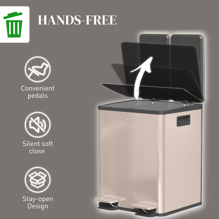 40L Dual Compartment Stainless Steel Kitchen Bin with Deodoriser Holders - Gold Tone