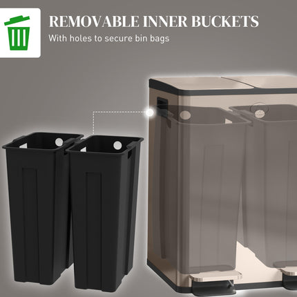 40L Dual Compartment Stainless Steel Kitchen Bin with Deodoriser Holders - Gold Tone