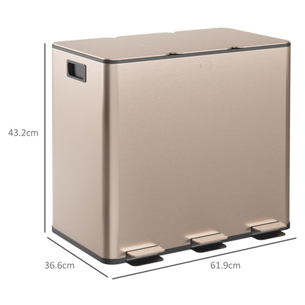 45L Triple Compartment Stainless Steel Kitchen Bin with Deodoriser Holders - Gold Tone