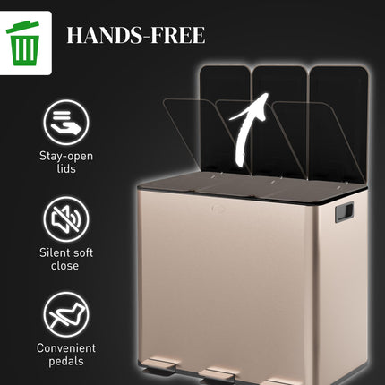 45L Triple Compartment Stainless Steel Kitchen Bin with Deodoriser Holders - Gold Tone
