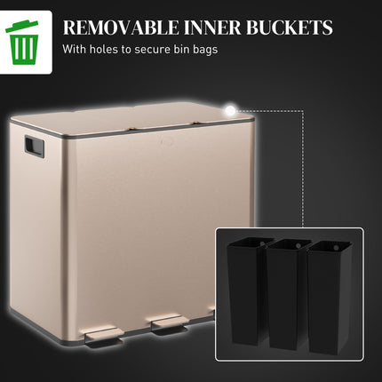 45L Triple Compartment Stainless Steel Kitchen Bin with Deodoriser Holders - Gold Tone
