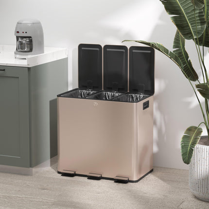 45L Triple Compartment Stainless Steel Kitchen Bin with Deodoriser Holders - Gold Tone