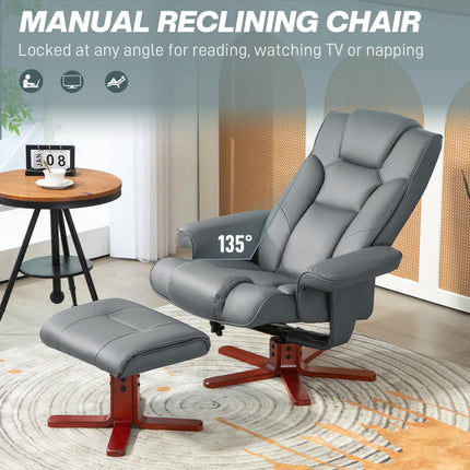 Manual Faux Leather Recliner Chair and Footstool Set - Grey