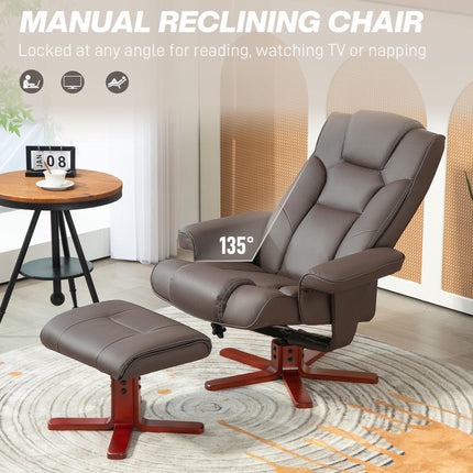 Manual Recliner Chair and Footstool Set with 135° Recline - Brown Faux Leather