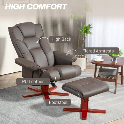 Manual Recliner Chair and Footstool Set with 135° Recline - Brown Faux Leather