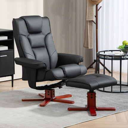 Manual Faux Leather Recliner Chair and Footstool Set - Black