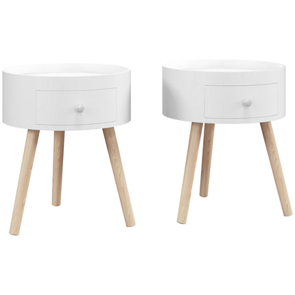 Set of 2 Modern Round Side Tables with Drawer and Wood Legs for Living Room & Bedroom - White
