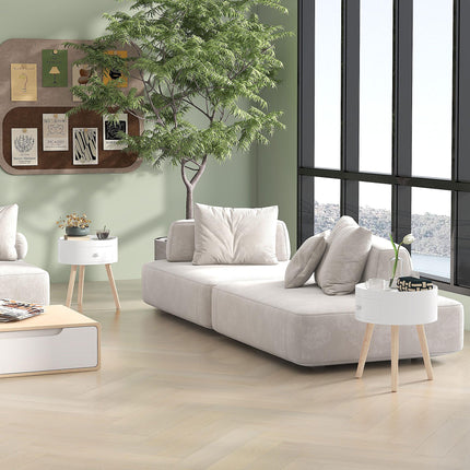 Set of 2 Modern Round Side Tables with Drawer and Wood Legs for Living Room & Bedroom - White