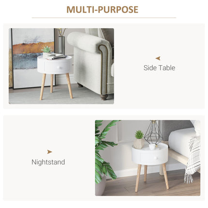 Set of 2 Modern Round Side Tables with Drawer and Wood Legs for Living Room & Bedroom - White