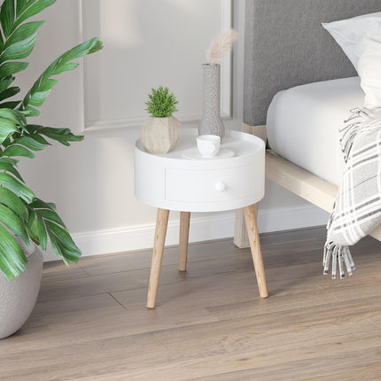 Set of 2 Modern Round Side Tables with Drawer and Wood Legs for Living Room & Bedroom - White