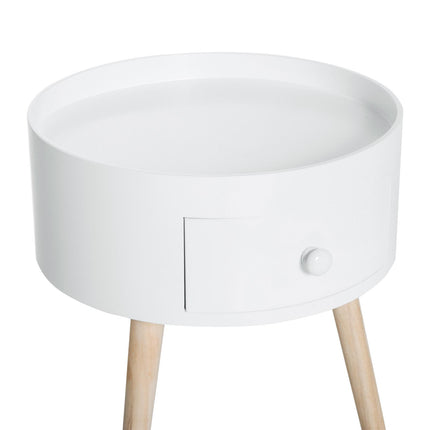 Set of 2 Modern Round Side Tables with Drawer and Wood Legs for Living Room & Bedroom - White