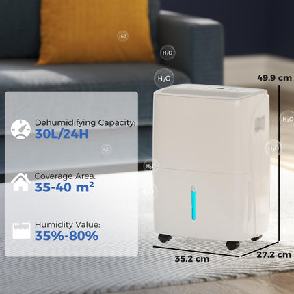 30L/Day Home Dehumidifier with Auto-Clean Filter, Continuous Drainage, 4L Tank, Digital Humidity Display, 24H Timer - White