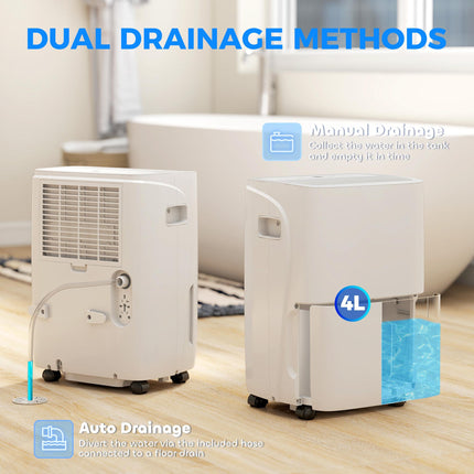 30L/Day Home Dehumidifier with Auto-Clean Filter, Continuous Drainage, 4L Tank, Digital Humidity Display, 24H Timer - White