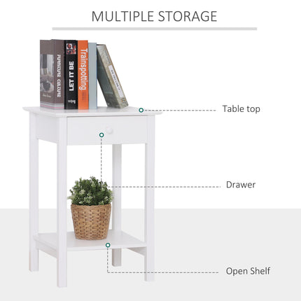 Set of 2 Wooden Bedside Tables with Drawer and Shelf for Bedroom and Living Room - White