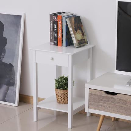 Set of 2 Wooden Bedside Tables with Drawer and Shelf for Bedroom and Living Room - White