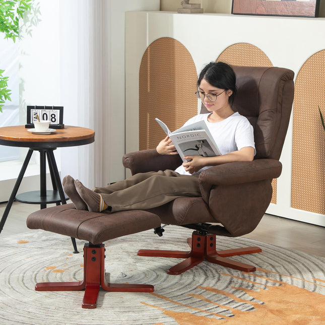 Manual Recliner Chair and Footstool Set with Faux Microfibre Leather - Dark Brown
