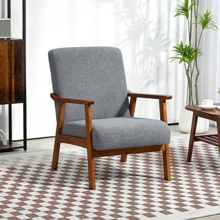 Wide Seat Boucle Armchair with Thick Padding and Solid Wood Frame for Living Room Bedroom Office - Grey