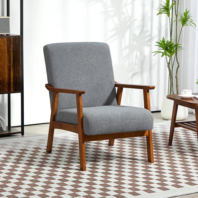 Wide Seat Boucle Armchair with Thick Padding and Solid Wood Frame for Living Room Bedroom Office - Grey