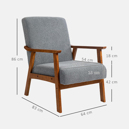Wide Seat Boucle Armchair with Thick Padding and Solid Wood Frame for Living Room Bedroom Office - Grey