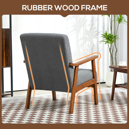 Wide Seat Boucle Armchair with Thick Padding and Solid Wood Frame for Living Room Bedroom Office - Grey