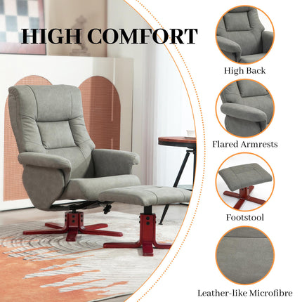 Manual Recliner and Footstool Set in Faux Microfibre Leather - Grey