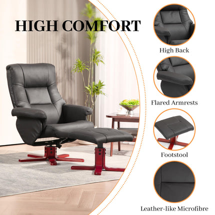 Manual Recliner Chair and Footstool Set in Faux Microfibre Leather - Black