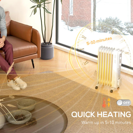 1500W Quiet Oil Filled Radiator, 7 Fin Energy Efficient Portable Electric Heater