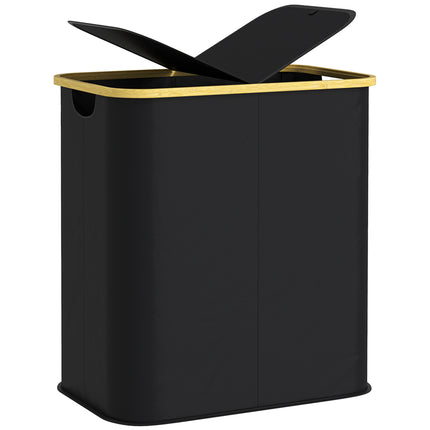 Double Laundry Basket 80L Collapsible Hamper with Lid and Groove Handles for Bathroom Bedroom Laundry Room - Black